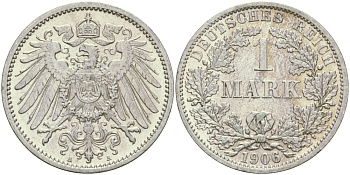 Германия 1 марка 1906 A Weege 18, J. 17, KM 14 серебро aUNC 65-211