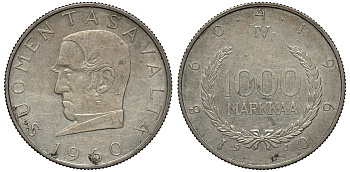 Финляндия 1000 марок 1960 S-J, 100 лет марочной системе Снеллмана (1860-1960) KM 43 серебро 441-325
