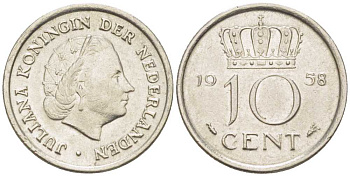 НИДЕРЛАНДЫ 10 ЦЕНТОВ 1958 ЮЛИАНА (1948-1980) KM 182 никель 214-1152