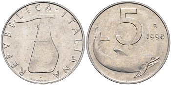 Италия 5 лир 1998 R, дельфин KM 92 алюминий  UNC  4594-724