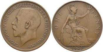 Великобритания 1 пенни 1921 Георг V (1910-1936) KM 810, Spink 4051 бронза 115-212