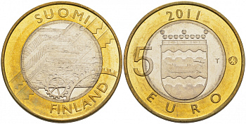 Финляндия 5 евро 2011 серия исторические регионы Финляндии, Уусимаа KM 160 биметалл UNC 1527-722 M2-17