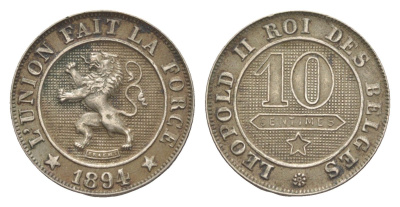 Бельгия 10 сантимов 1894 Belges, Леопольд II (1865-1909) KM 42 медно-никель 4169-464