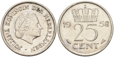 Нидерланды 25 центов 1958 Юлиана (1949-1980) KM 183 никель    4174-646