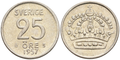 Швеция 25 эре 1957 TS, Густав VI Адольф (1950-1973) KM 824 серебро 4147-1059