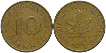 ФРГ 10 ПФЕННИГОВ 1978 J KM 108, J. 383 сталь плакированная латунью 181-135