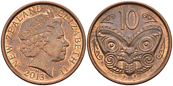 Новая Зеландия 10 центов 2013 маска Маори, Елизавета II (1952-) KM 117а сталь плакированная медью 83-1255