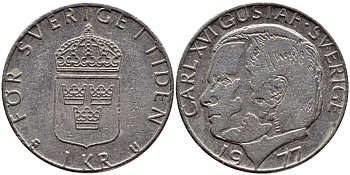 Швеция 1 крона 1977 Карл XVI Густав (1973- ) KM 852 медь плакированная медно-никелем 4397-834