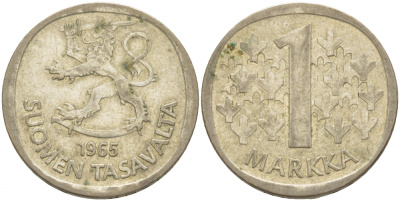 Финляндия 1 марка 1965 S KM 49 серебро 3457-941