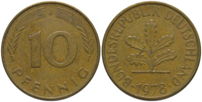 ФРГ 10 ПФЕННИГОВ 1978 J KM 108, J. 383 сталь плакированная латунью 181-135