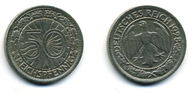 Германия 50 рейхспфеннигов 1928 A KM 49, J.324 никель J. 324 58-227