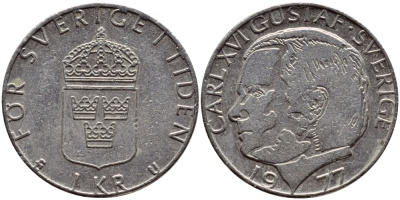 Швеция 1 крона 1977 Карл XVI Густав (1973- ) KM 852 медь плакированная медно-никелем 4397-834