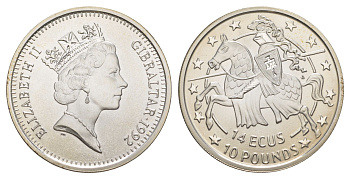 Гибралтар 14 экю = 10 фунтов 1992 Рыцарь, влево, малый портрет Королевы, редкая KM 89 серебро BU 1083-5-43