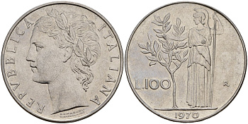 Италия 100 лир 1970 R, Афина у оливкого дерева KM 96.1 нержавеющая сталь 4149-1216