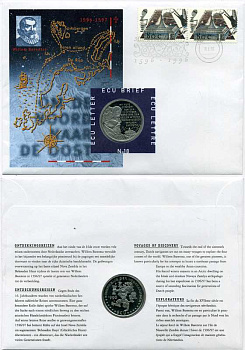 НИДЕРЛАНДЫ 1 ЭКЮ 1996 400 ЛЕТ ТРЕТЬЕЙ ПОЛЯРНОЙ ЭКСПЕДИЦИЯ ВИЛЛЕМА БАРЕНЦА, ЗИМОВКА У НОВОЙ ЗЕМЛИ 12 ОКТЯБРЯ 1596 ГОДА, В КОНВЕРТЕ С МАРКАМИ никелированная сталь UNC 00-00