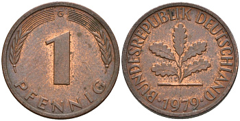 ФРГ 1 пфенниг 1979 G KM 105, J.380 сталь плакированная медью 4152-551