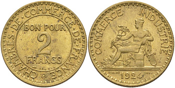 ФРАНЦИЯ 2 ФРАНКА 1924 ТИП CHAMBRES DE COMMERCE KM 877, LE FRANC 267.6 алюминиевая бронза 69-1144
