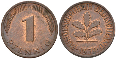 ФРГ 1 пфенниг 1979 G KM 105, J.380 сталь плакированная медью 4152-551