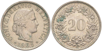 Швейцария 20 раппенов 1969 В KM 29а медно-никель 55-915