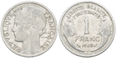 ФРАНЦИЯ 1 ФРАНК 1945 В KM 885а.2 алюминий 4402-914