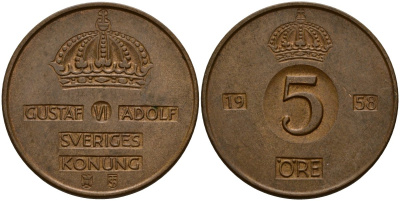 Швеция 5 эре 1958 Густав VI Адольф (1950-1973) KM 822 бронза 4156-236