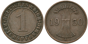 Германия 1 рейхспфенниг 1930 A KM 37, J. 313 бронза 4189-1131