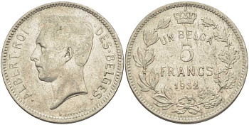БЕЛЬГИЯ 5 ФРАНКОВ 1932 АЛЬБЕРТ I, DES BELGES KM 97.1 никель 3851-221