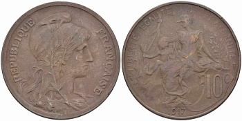 Франция 10 сантимов 1917 тип Даниэль Дюпюи KM 843, LA FRANC 136.29 бронза 109-432