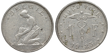 Бельгия 1 франк 1923 Belgie, Альберт I (1909-1934) KM 90 никель 51-942