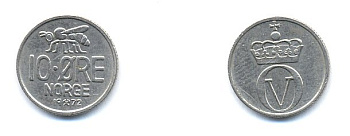 Норвегия 10 эре 1972 пчела, Улаф V (1958-1991) KM 411 медно-никель 4379-957