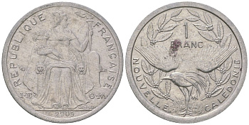 Французская Новая Каледония 1 франк 2005 птица кагу, (IEOM) KM 10, Schoen 10, Lec 52j алюминий 51-256