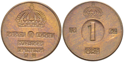 Швеция 1 эре 1962 U, Густав VI Адольф (1950-1973) KM 820 бронза 4516-758