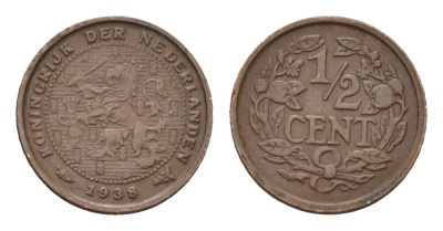 Нидерланды 1/2 цента 1938 Вильгельмина (1890-1948) KM 138 бронза 4674-1119
