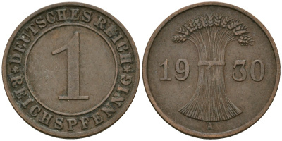 Германия 1 рейхспфенниг 1930 A KM 37, J. 313 бронза 4189-1131