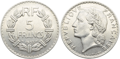 ФРАНЦИЯ 5 ФРАНКОВ 1933 KM 888 никель 4389-1111