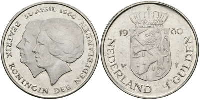 Нидерланды 1 гульден 1980 на коронацию Беатрикс, 30 апреля 1980 KM 200 никель 94-714