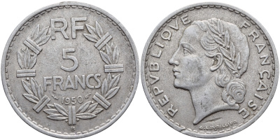 ФРАНЦИЯ 5 ФРАНКОВ 1950 B KM 888b.2 алюминий 74-225