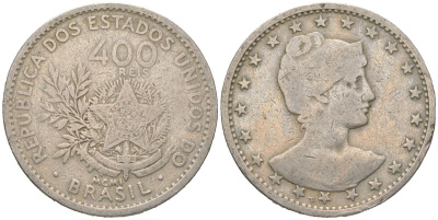 Бразилия 400 реалов 1901 MCMI, голова свободы вправо KM 505 медно-никель 4612-442