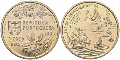 Португалия 200 эскудо 1995 Путешествие на Молуккские острова в 1512 году KM 682 медно-никель UNC 74-634