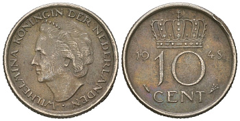 Нидерланды 10 центов 1948 Вильгельмина (1895-1948) KM 177 никель 4174-864