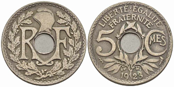 ФРАНЦИЯ 5 САНТИМОВ 1923 tb, ТИП ЛИНДАЙЁ, МОНЕТНЫЙ ДВОР ПУАССИ, МОЛНИЯ KM 875, LE FRANC 122.7 медно-никель 4379-542