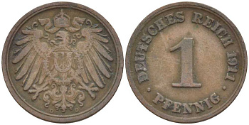 ГЕРМАНИЯ 1 ПФЕННИНГ 1911 D KM 10, J. 10 медь 201-938