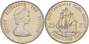 Восточно-Карибские штаты 25 центов 1996 Елизавета II (1952-2022), парусник KM 14 медно-никель UNC 4119-843
