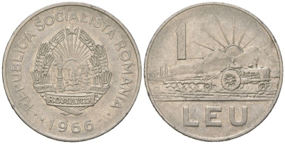 Румыния 1 лей 1966 KM 95 сталь плакированная никелем 94-856