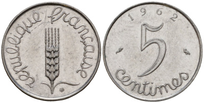 Франция 5 сантимов 1962 KM 927 нержавеющая сталь 4601-412