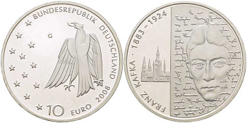 ФРГ 10 евро 2008 G, 125 лет со дня рождения Франца Кафки KM 271, DE.S. 10.36 серебро PROOF 413-432