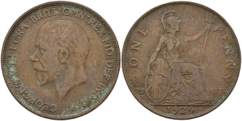 Великобритания 1 пенни 1929 Георг V (1910-1936) KM 838, Spink 4055 бронза 4144-514