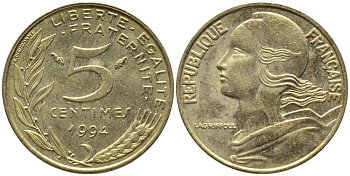 ФРАНЦИЯ 5 САНТИМОВ 1994 ТИП MARIANNE KM 933 медь алюминий никель 99-1128