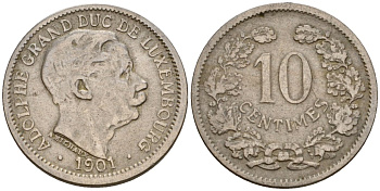 Люксембург 10 сантимов 1901 Адольф (1890-1905) KM 25 медно-никель 4602-455