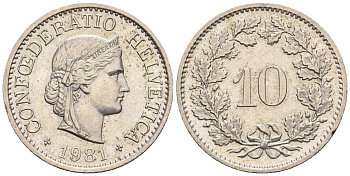 Швейцария 10 раппенов 1981 B KM 27 медно-никель 4609-1021